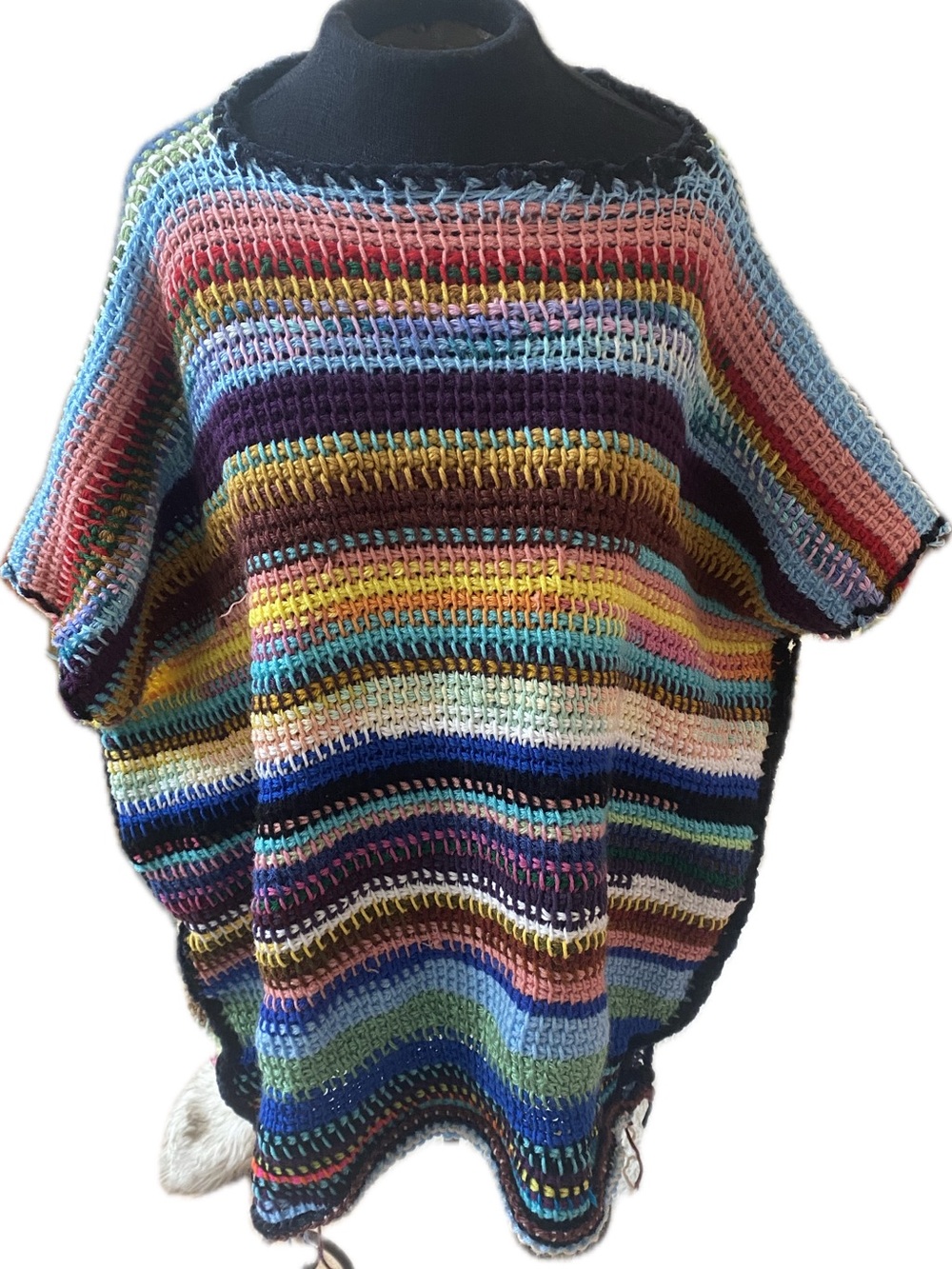 Handmade Multi-Stripe Crochet Poncho - Colorful Striped Cape